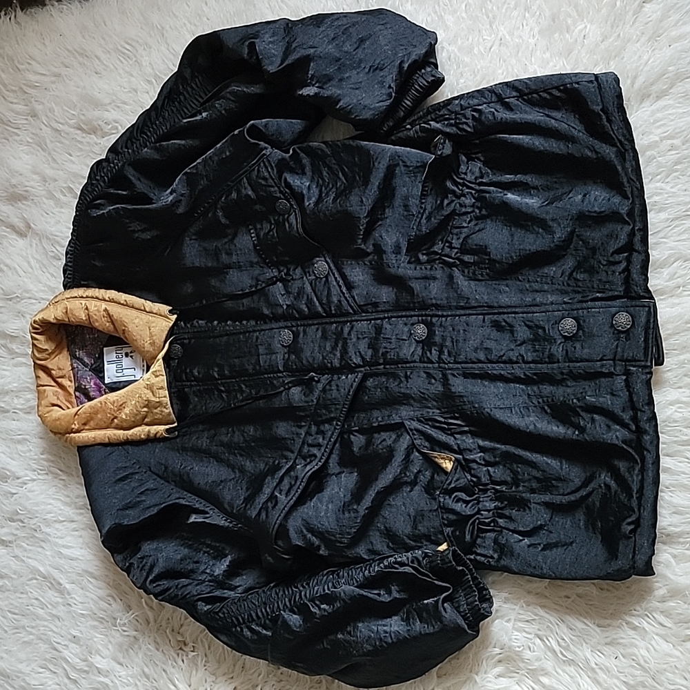 Vintage j. Gallery Button Down Shiny Black Nylon Ruched Sleeves Puffer Coat